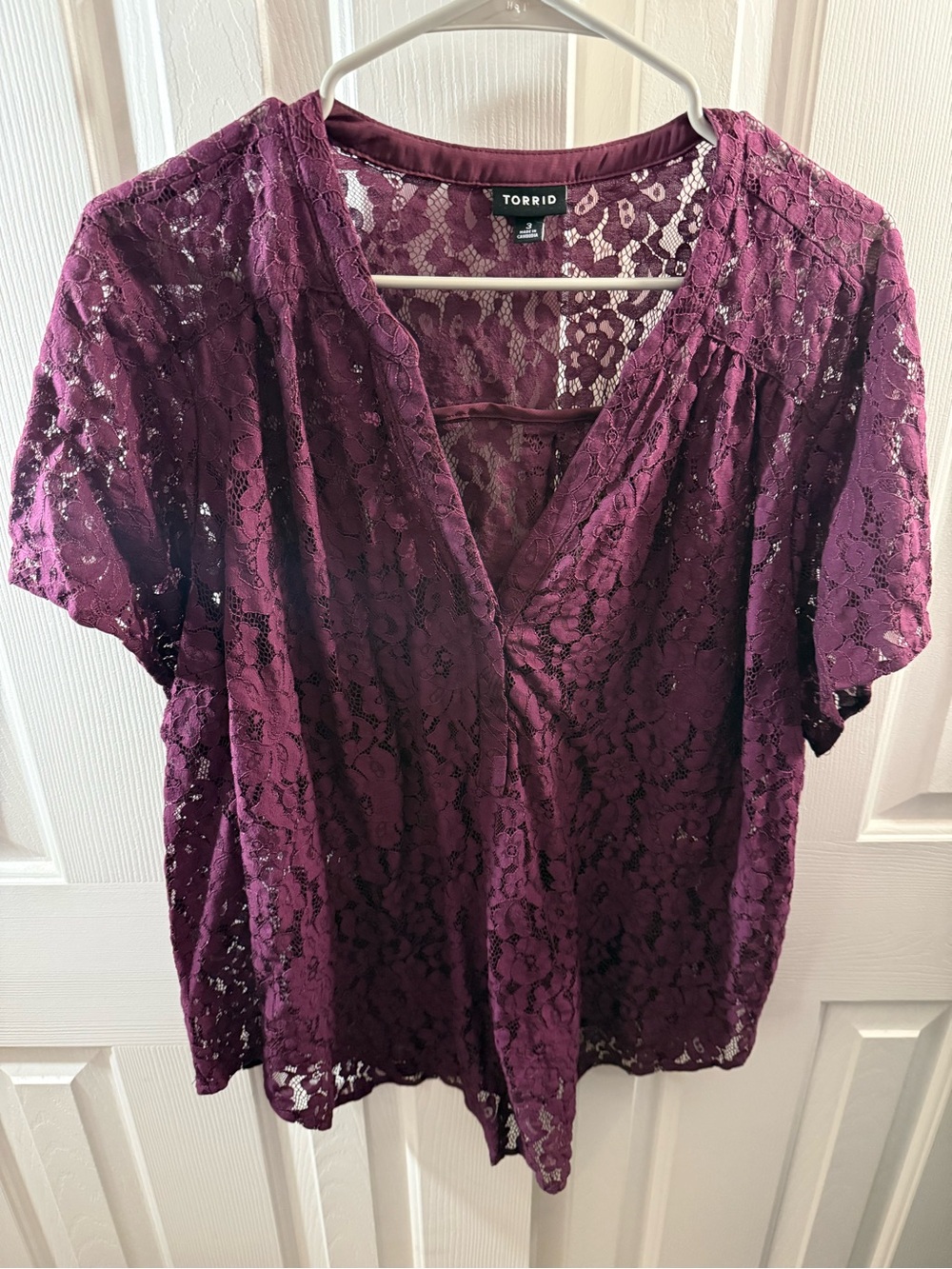 torrid deep plum lace V-neck short sleeve blouse